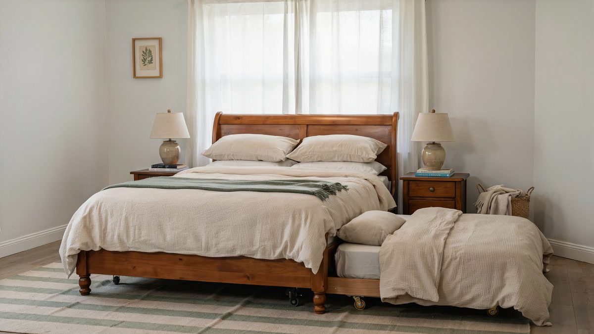 Cherry wood sleigh bed with a trundle mattress rolled out at the foot