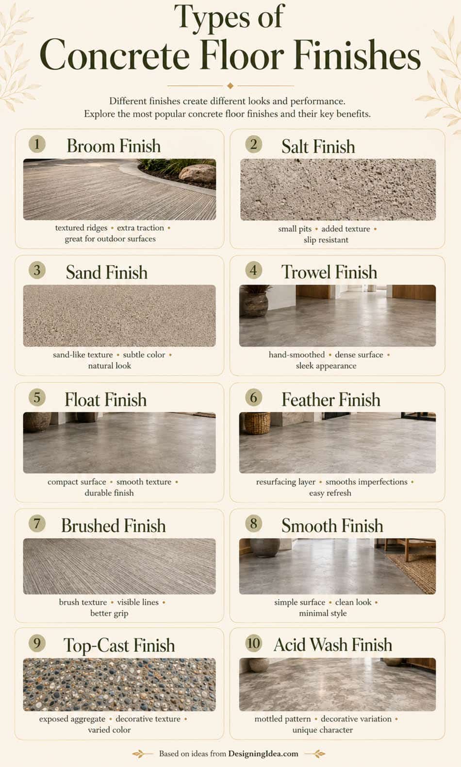Vertical chart of ten concrete floor finishes with photos and key benefits listed