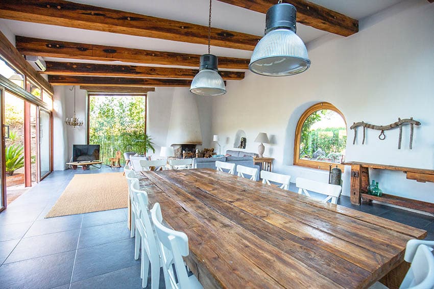 Wood dining table at covered patio