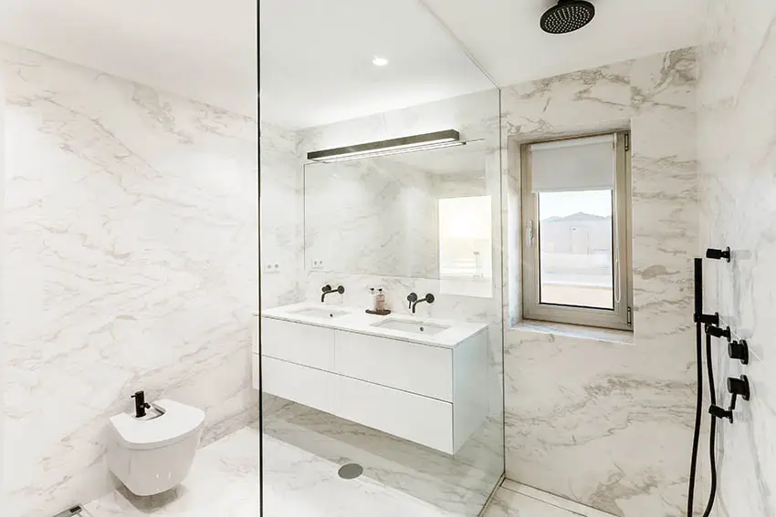 Bathroom wet room with quartz shower walls floating vanity