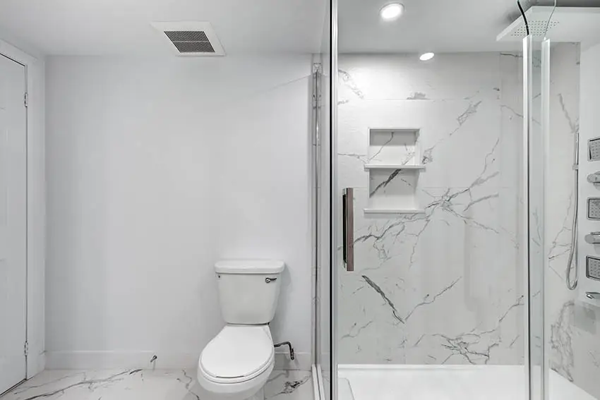 Bathroom with calacatta quartz shower walls