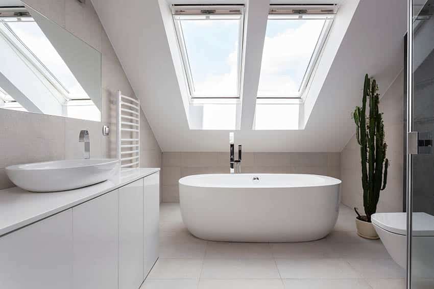 Bathroom with freestanding tub and skylights
