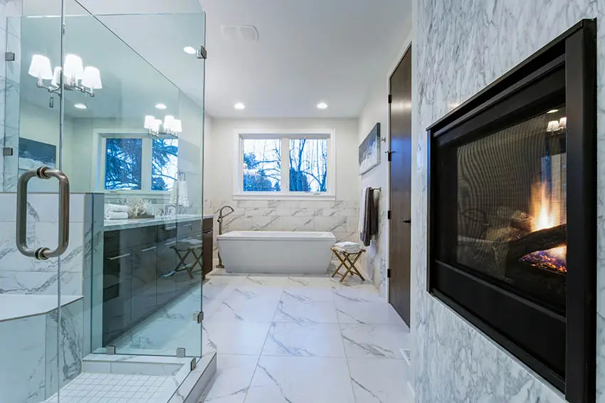 Bathroom with marble style vinyl sheet flooring