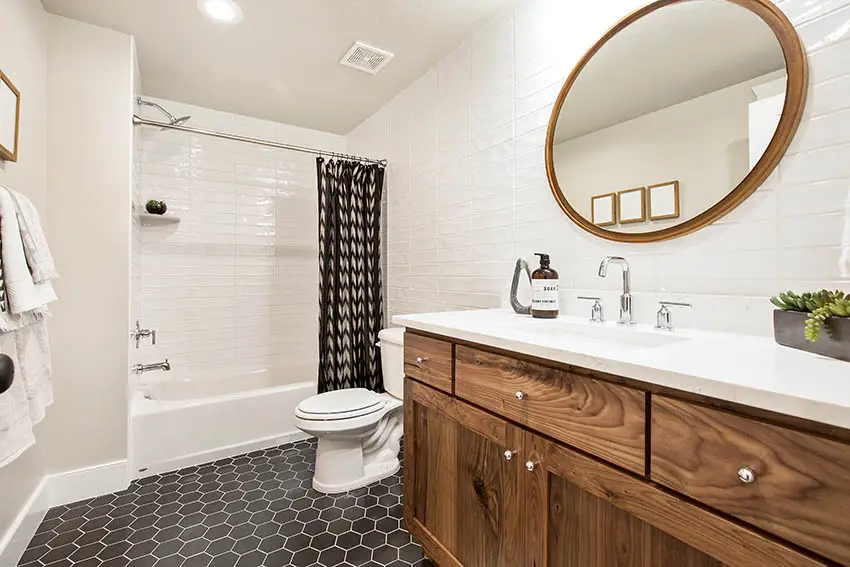 Bathroom with patterned hexagon vinyl tile floor