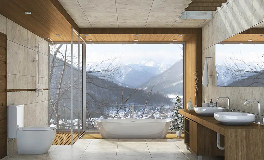Bathroom with teak floor shower freestanding tub with picture window
