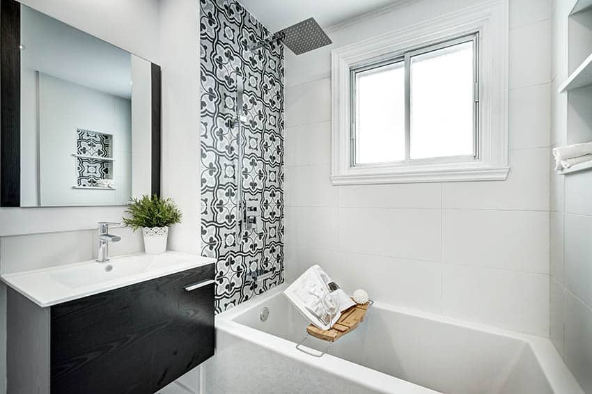 Bathroom with tub shower combo with rainfall shower head