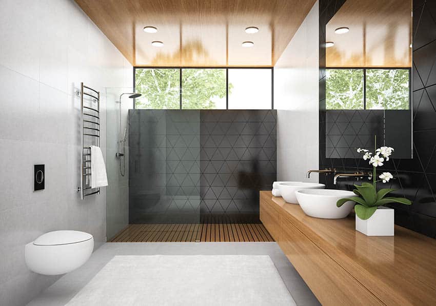 Bathroom with walk in shower and teak floors