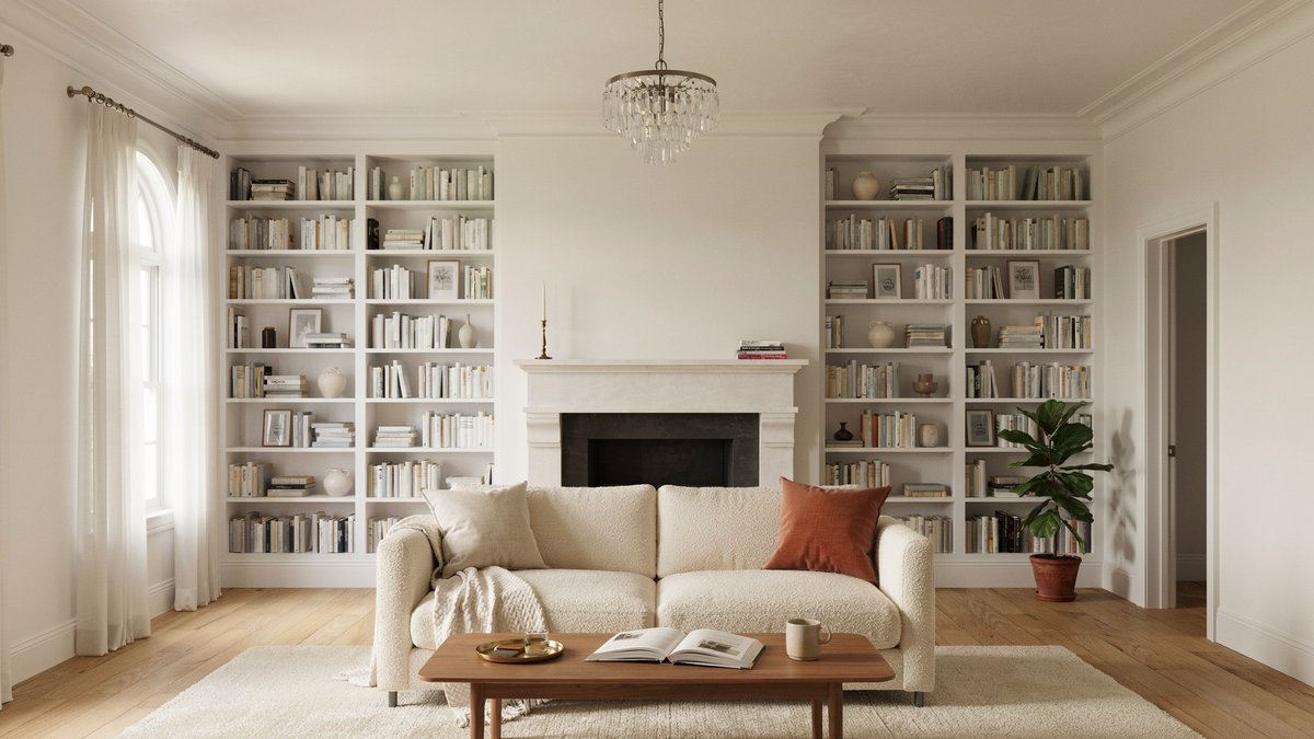 White living room with floor to ceiling built in bookshelves flanking a fireplace, shag rug and chandelier