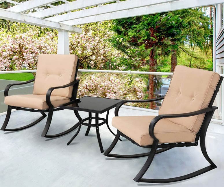 Black steel outdoor patio furniture rockers with table 