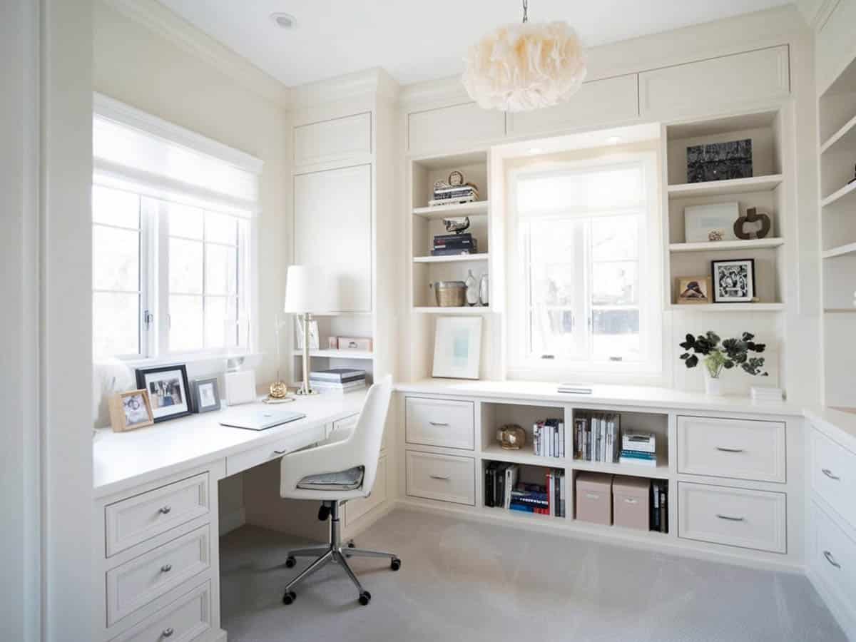Custom wall storage and desk in crafts room