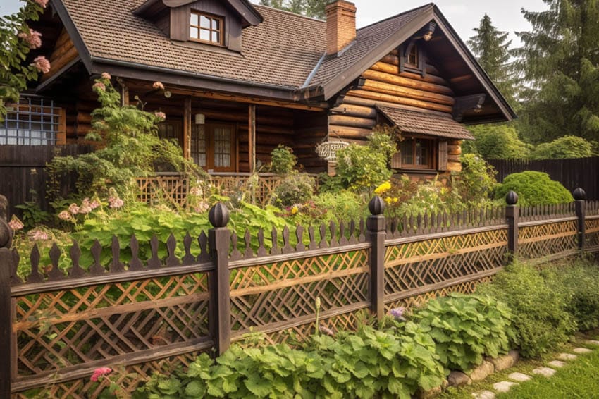 Chalet house with decorative basketweave picket fence and garden