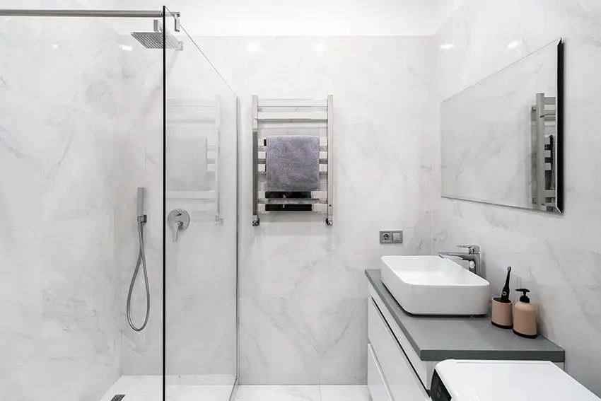 Corian shower wall enclosure bathroom with vessel sink vanity