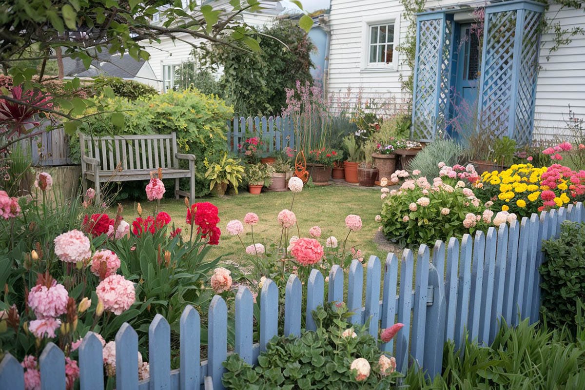 Garden picket fence painted blue