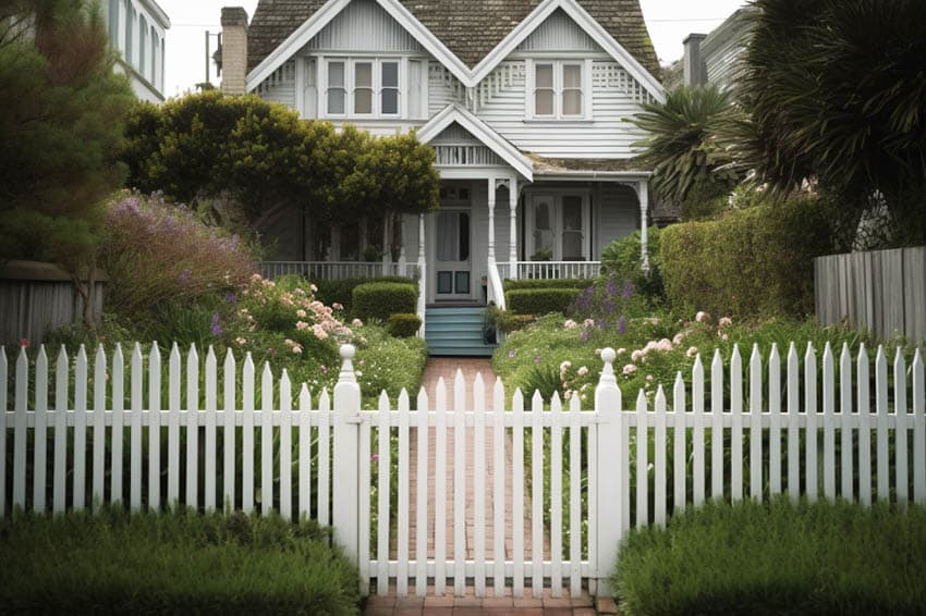 House with symmetrical design picket fence and garden