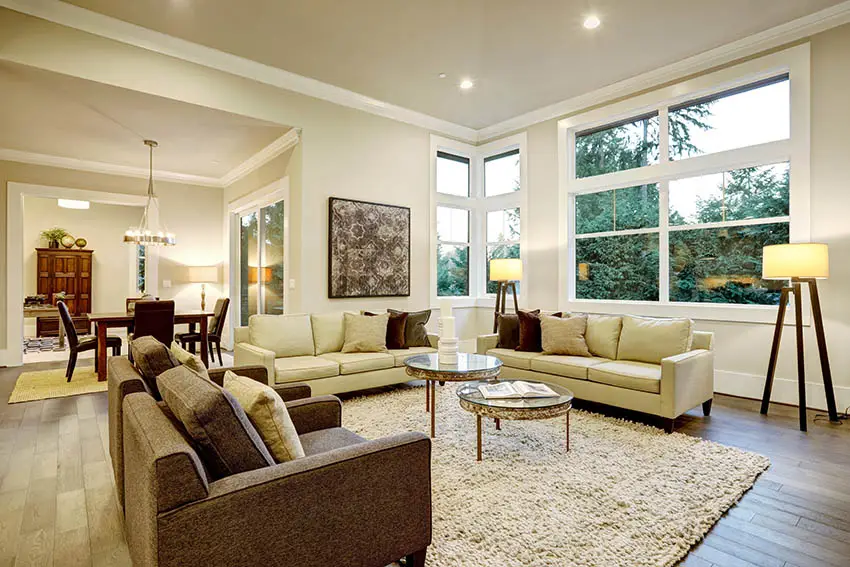 Living room with matching wall and ceiling paint wood floors large windows