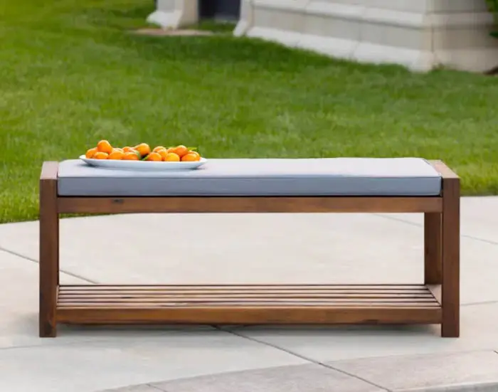 Modern acacia wood padded outdoor bench