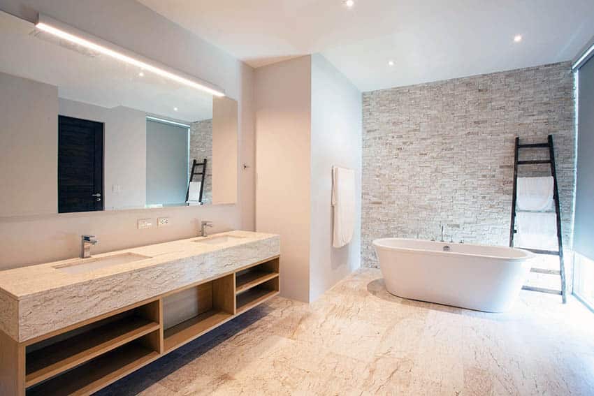 Modern bathroom with stone look vinyl sheet flooring