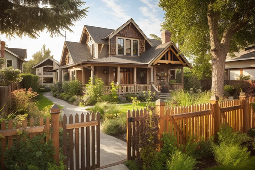 Modern craftsman house with pine picket fence and garden