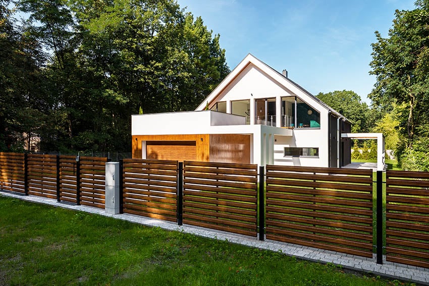Modern horizontal wood fence in front of home