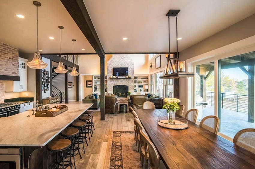Open kitchen and dining room with rustic wood table