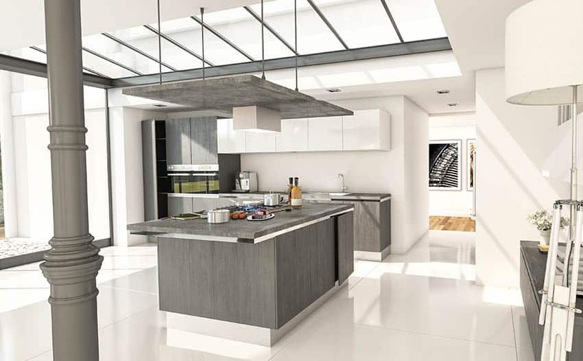 Spacious kitchen with large skylight grey cabinets