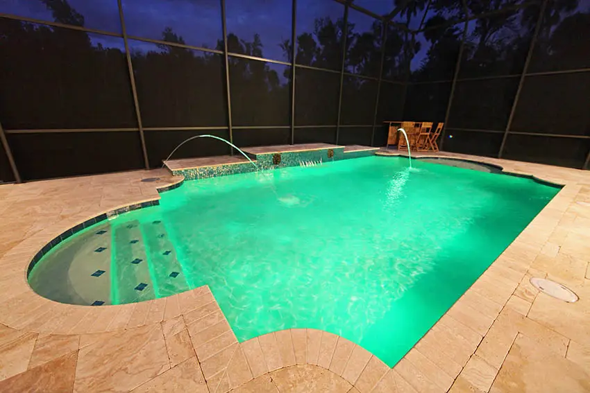 Travertine pool patio with water features
