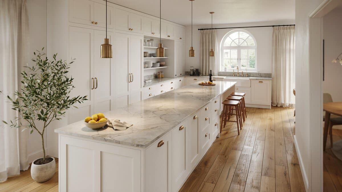 Luxury kitchen with white shaker cabinets and long marble island over wide-plank hardwood flooring
