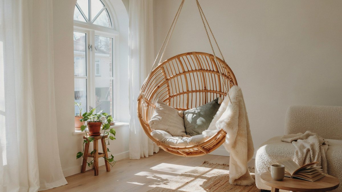 Rattan hanging chair with faux fur throw beside sunny arched living room window