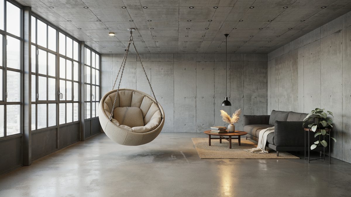 Boucle cocoon chair on chains floating in a concrete industrial loft