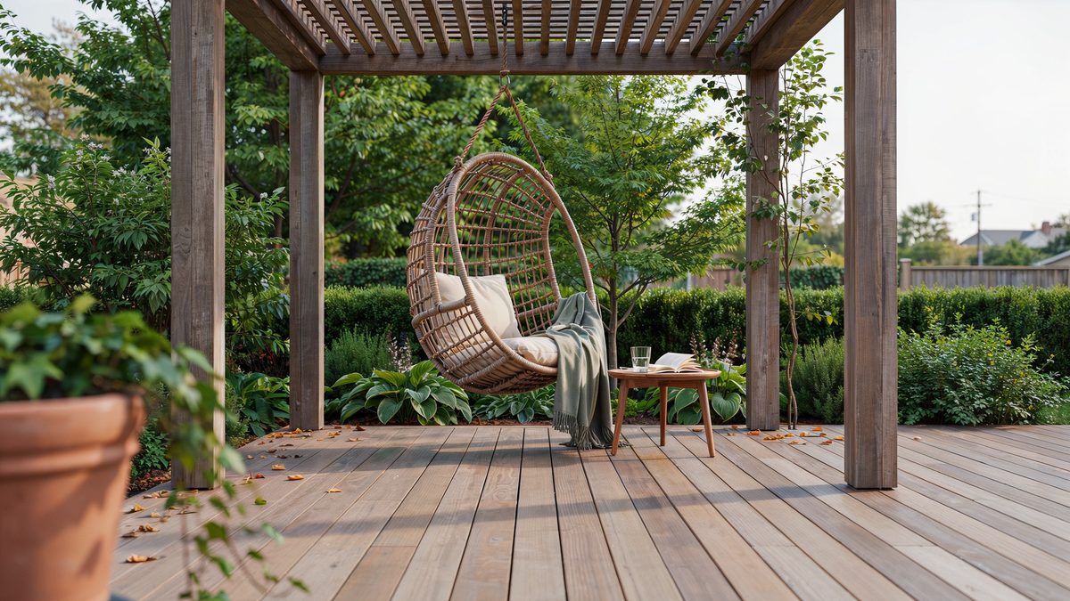 Woven egg chair under a wooden pergola surrounded by green garden beds