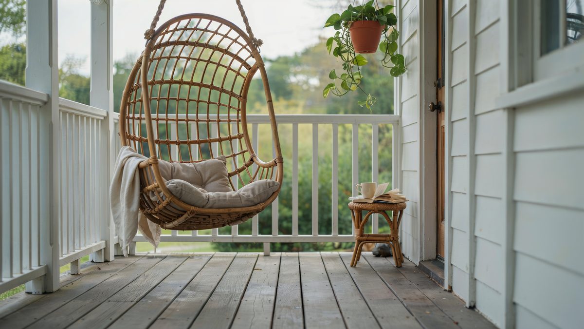 Latticework rattan hanging chair on a white porch with trailing pothos