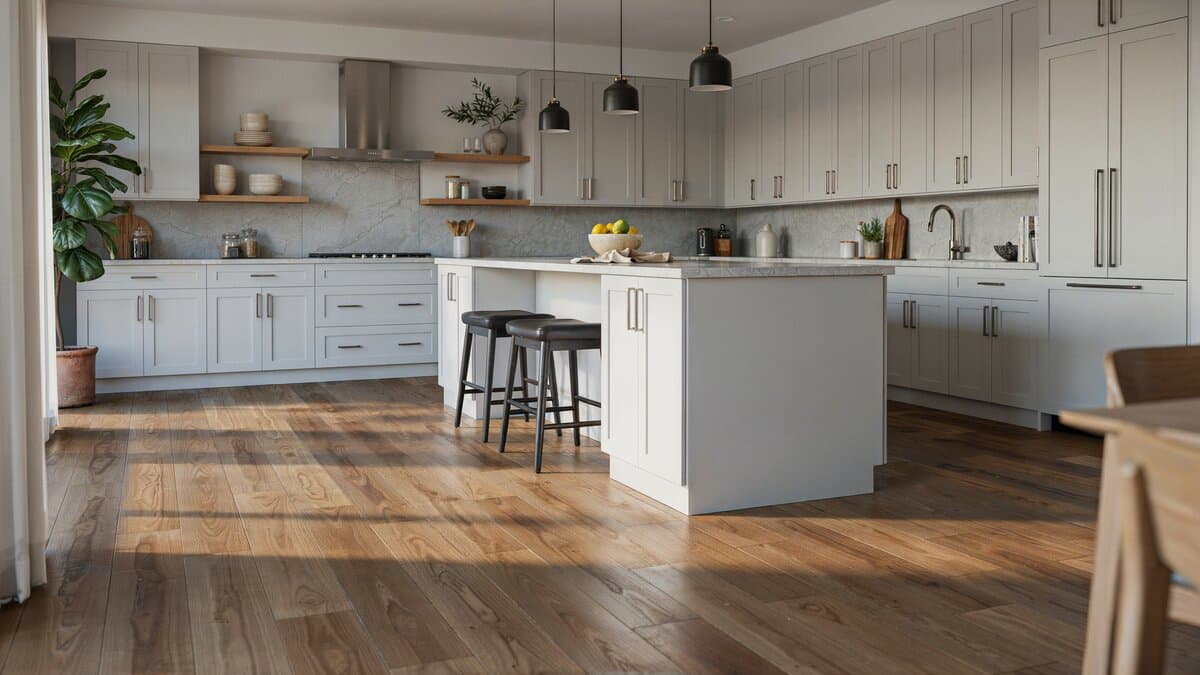 Modern kitchen with grey shaker cabinets and luxury vinyl plank wood-look flooring