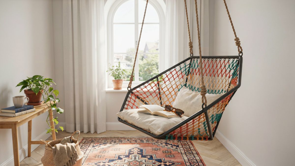 Angular metal swing seat woven with red and teal cord indoors
