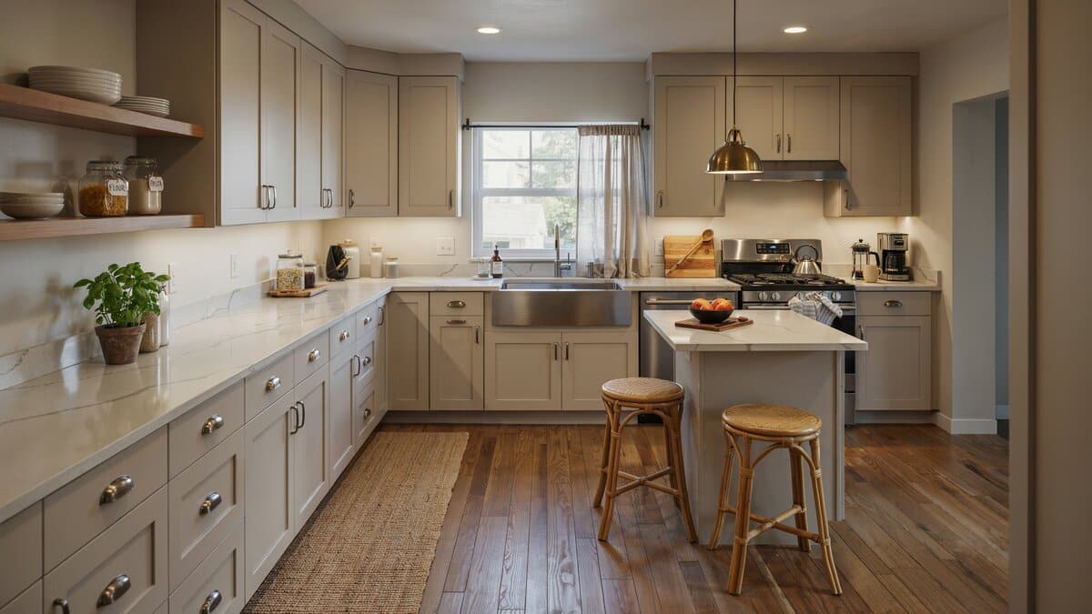 Cozy family kitchen with greige cabinets and honey-toned laminate wood-look flooring