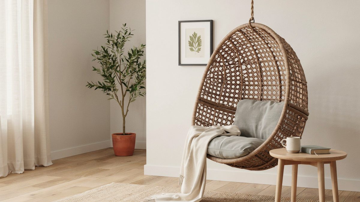 Cane pattern egg chair with grey cushion in a neutral corner