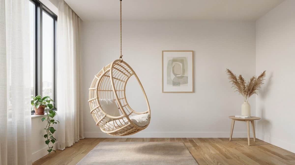 Open weave rattan pod swinging above a pale rug near tall windows