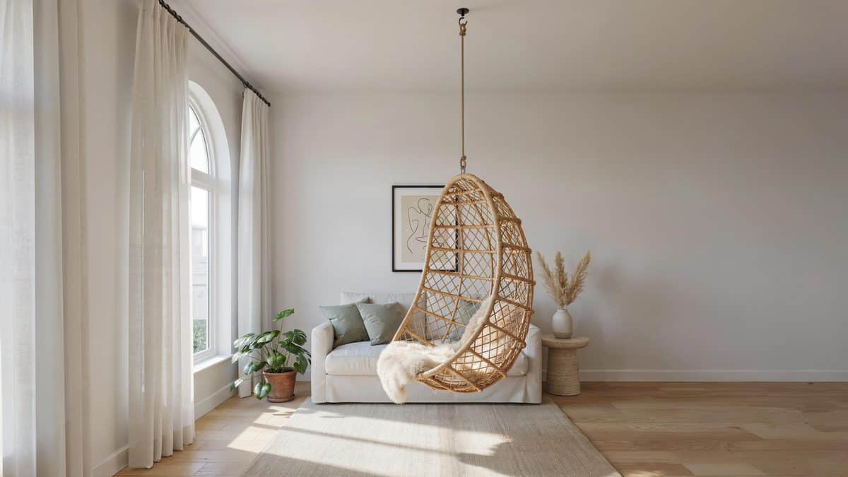 Light pine rattan pod chair suspended over a jute rug indoors
