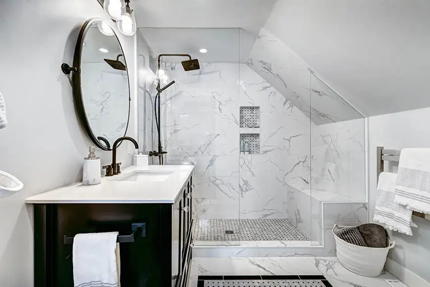 Attic bathroom with cultured marble walk in shower
