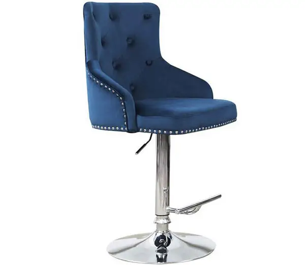 Blue velvet swivel spectator height bar stools