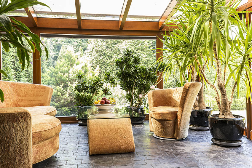 Covered patio with potted palm trees concrete pavers