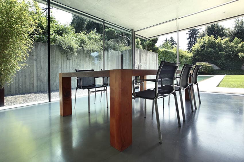 Dining room with black polished floors