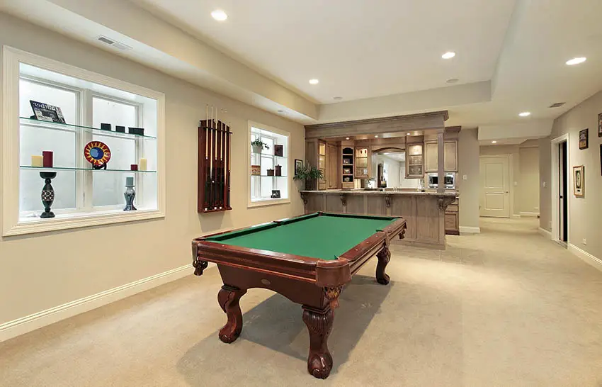 Game room man cave with carpet and pool table