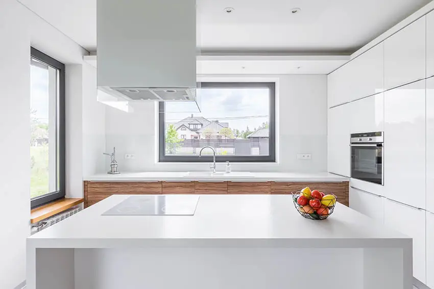 Modern kitchen with white laminate waterfall island white cabinets