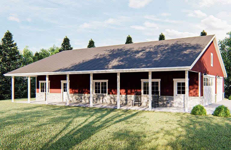 Pole barn house plan with large covered porch