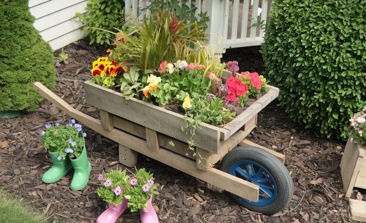 Wooden pallet wheelbarrow with shoes and flowers