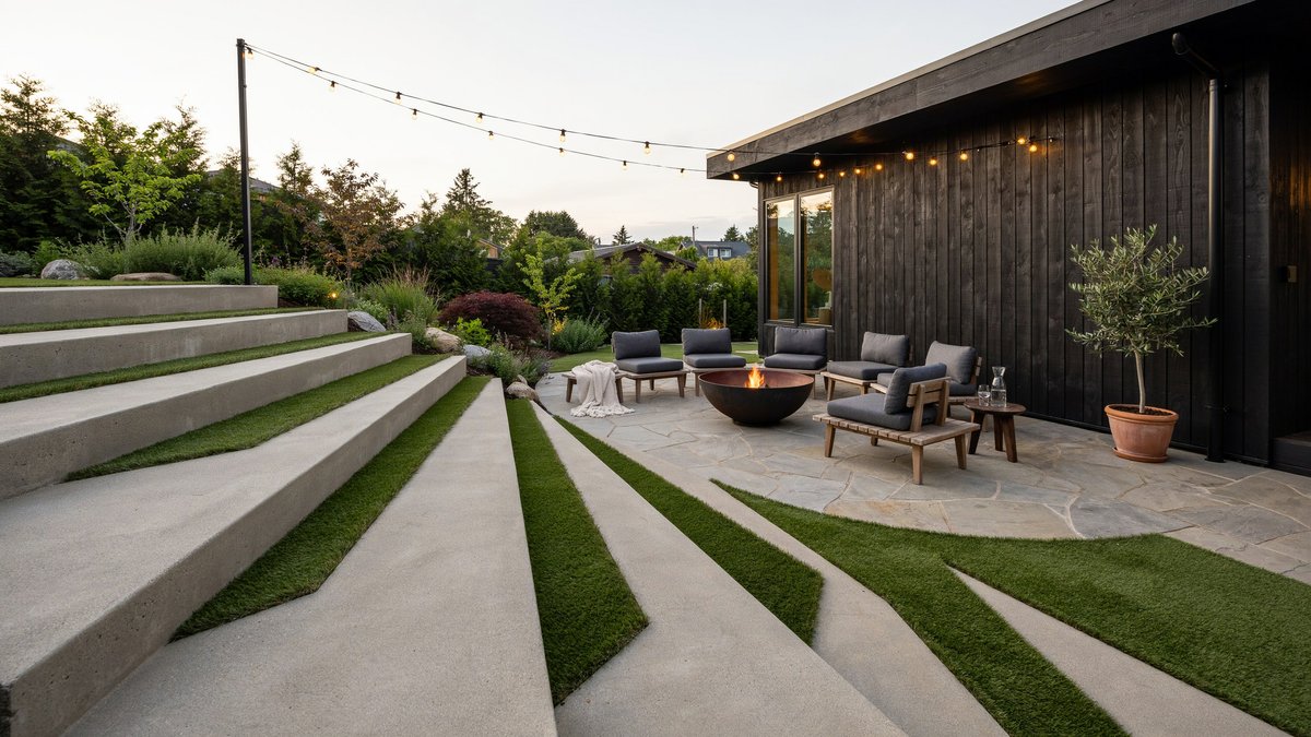 Broad concrete steps striped with turf leading down to a fire bowl