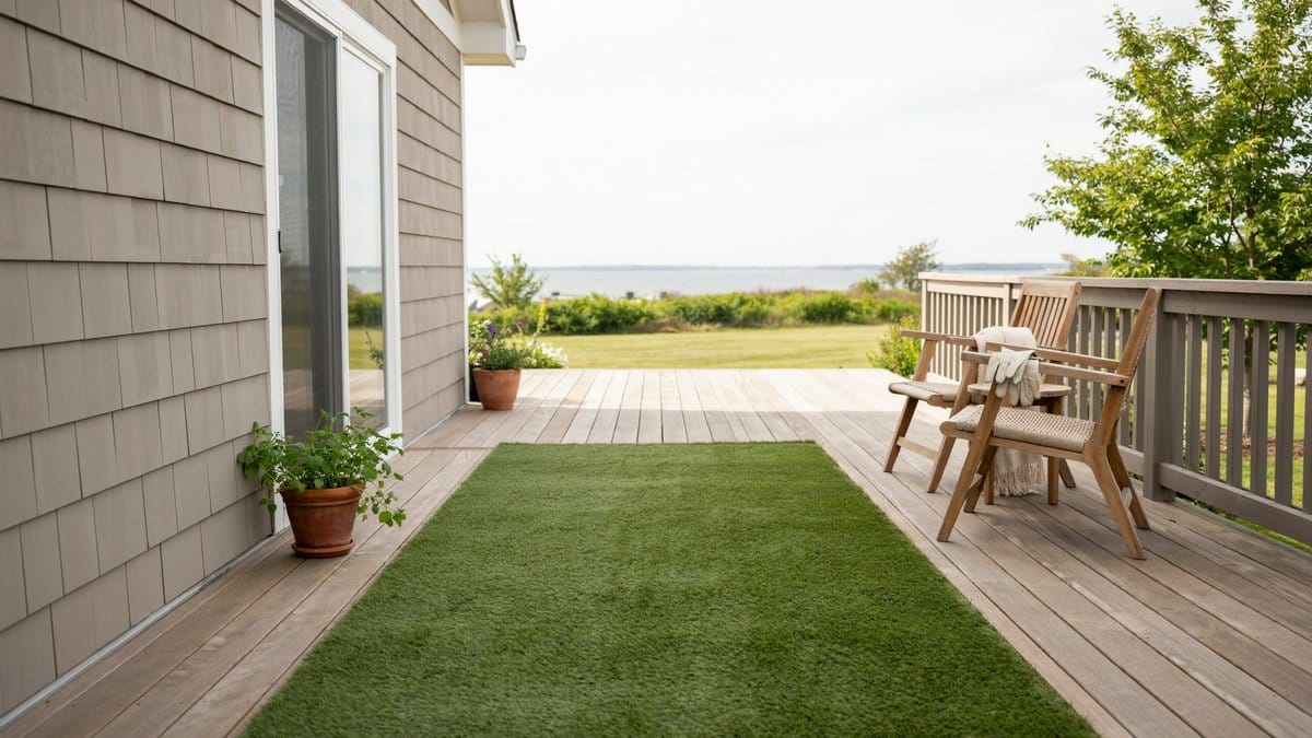 Turf runner laid across gray deck boards beside shingle siding and railing