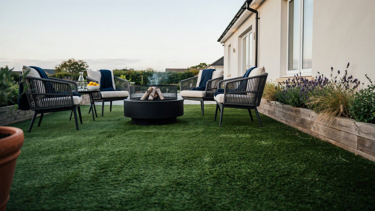 Black round fire pit with navy cushioned chairs set on turf paving