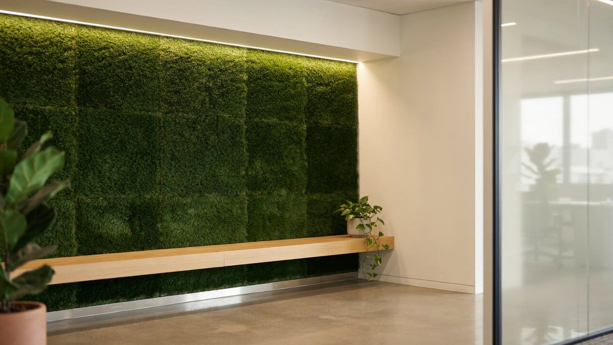 Moss green turf panel wall behind a floating oak bench indoors