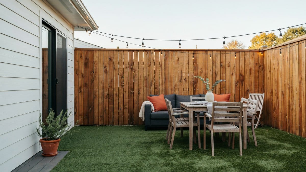 Cedar fenced corner with dining set and lounge sofa on green turf
